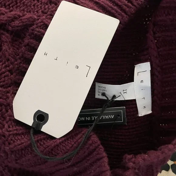 Leith | Women's Cable Knit Fringe Burgundy Maroon Red Sweater 1X - Picture 7 of 7